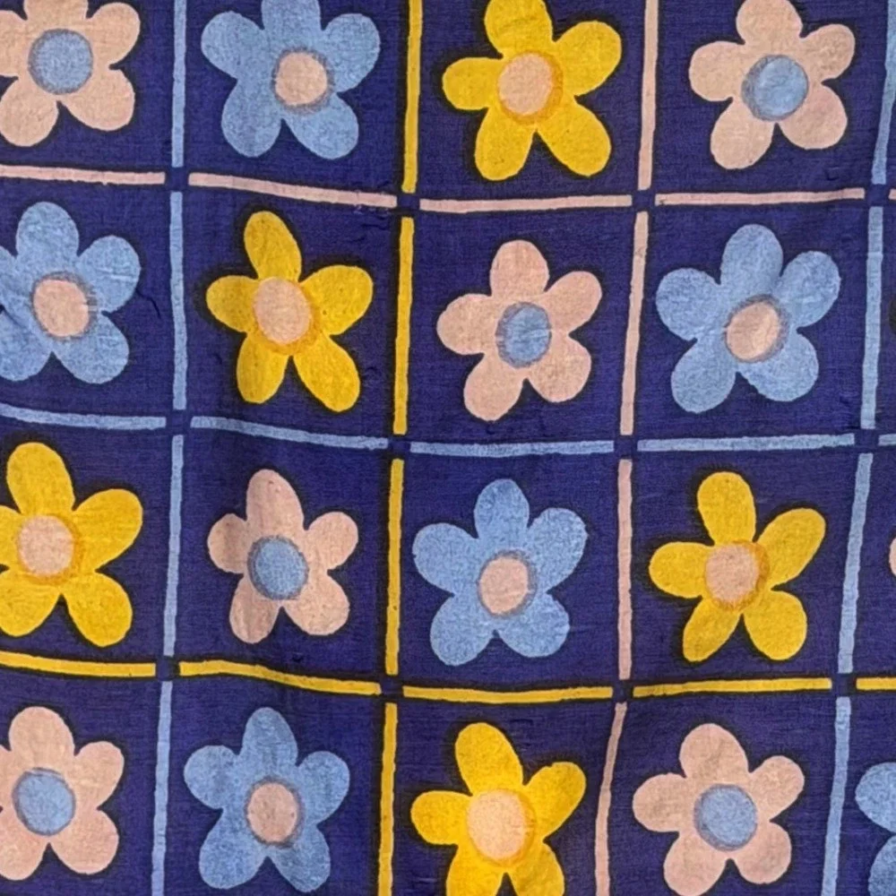 Sanfred Silk Scarf Blue Yellow Floral Daisy Grid Square Neckerchief Indie 105-32